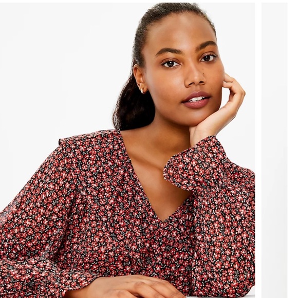 Loft Floral Ruffle Blouse, Dark Permisson, Sz S - Picture 3 of 15